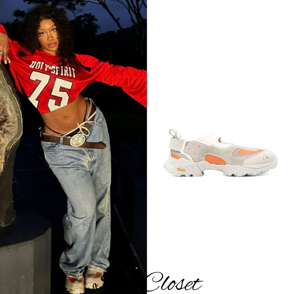 SZA via her instagram 

@sza wore 
- #yvonneandmitchel X #experyments Custom 1/1 Upcycled “Holy Spirit” Jersey 
- #levis 505 Vintage Jeans ($200.87) 
- Custom Butterfly Crystal Thongs With Diamonds ($3.63) on #alibaba.com
- #ROA Rozes Sneakers Sand ($480)