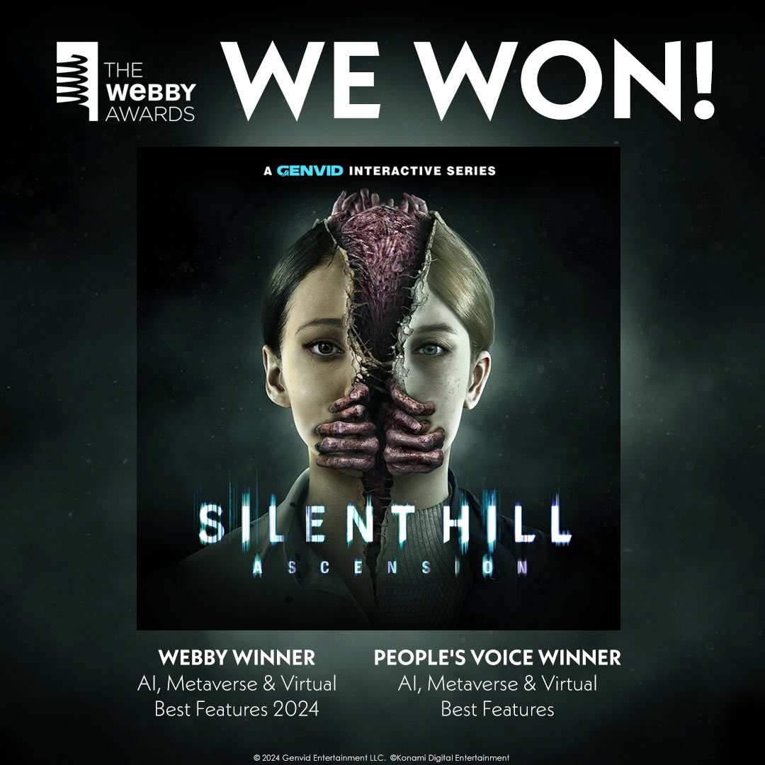 Exciting news! We're thrilled to announce that #SILENTHILLAscension has won two Webby Awards, winning both in the Webby Winner and People's Voice categories. 🏆

Thank you so much to all the fans that helped make this possible. 🖤

#SILENTHILLAscension #SILENTHILL #Horror