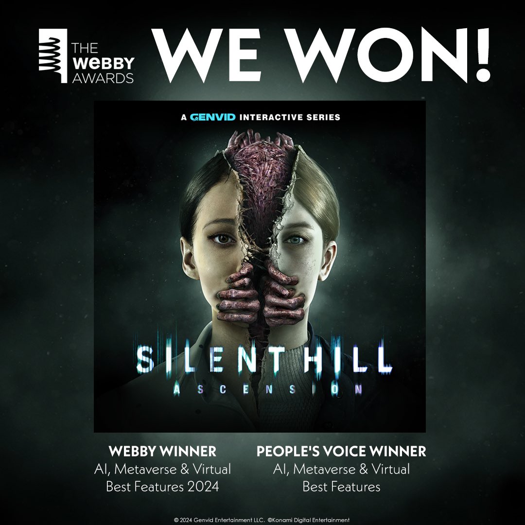 Exciting news! We're thrilled to announce that #SILENTHILLAscension has won two Webby Awards, winning both in the Webby Winner and People's Voice categories. 🏆 Thank you so much to all the fans that helped make this possible. 🖤 #SILENTHILLAscension #SILENTHILL #Horror