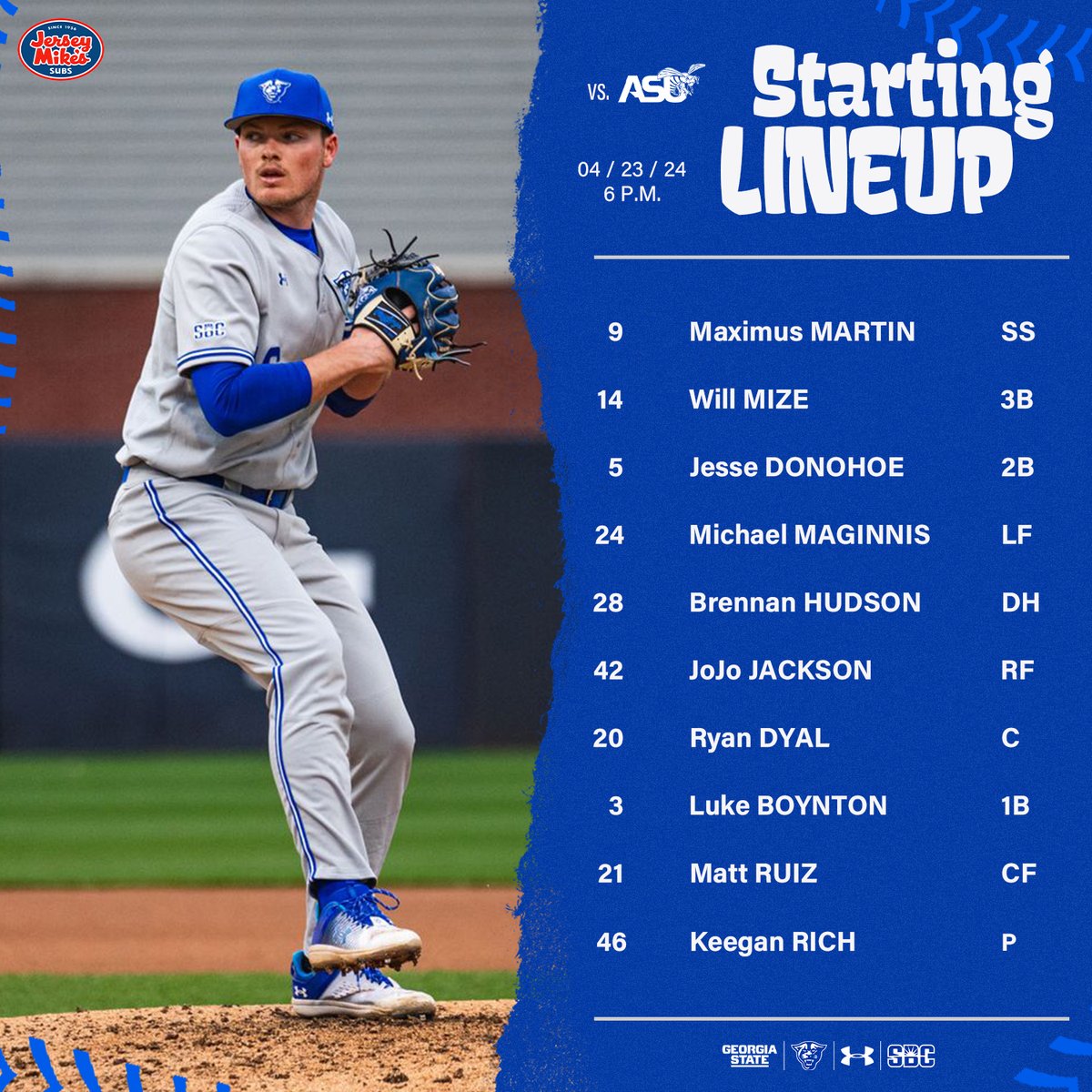 GSU_Base's tweet photo. 𝗠𝗶𝗱𝘄𝗲𝗲𝗸 𝗔𝗰𝘁𝗶𝗼𝗻

🆚 Alabama State
⏰ 6 p.m.
📊 https://t.co/S4Nl0ZvdAr

#LightItBlue | #BLB https://t.co/Nh6WAJ0Eto