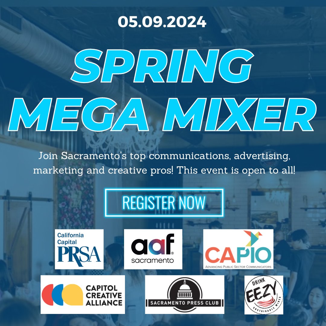PRSASacramento's tweet photo. Don't miss #SacMegaMix! 🎉 Join #PRSASac members and pros from @AAFSacramento, @CAPIOTweets, @CapCreativeAll and @SacPressClub for an evening fun and networking at Drink EEZY Craft Winery &amp; Kitchen. Get your ticket ➡️ https://t.co/yDYz1WFQrg https://t.co/9IH82AEBp8