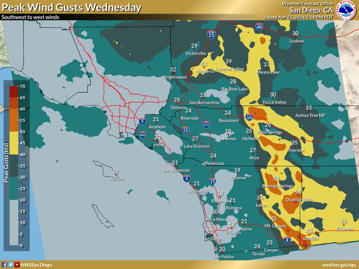 NWSSanDiego's tweet photo. Hold on to your hats 💨🎩 Gusty southwest to west winds will develop across the mountains and deserts for the latter half of the work week, strongest on Wednesday and Thursday. https://t.co/COb2QqbbzW