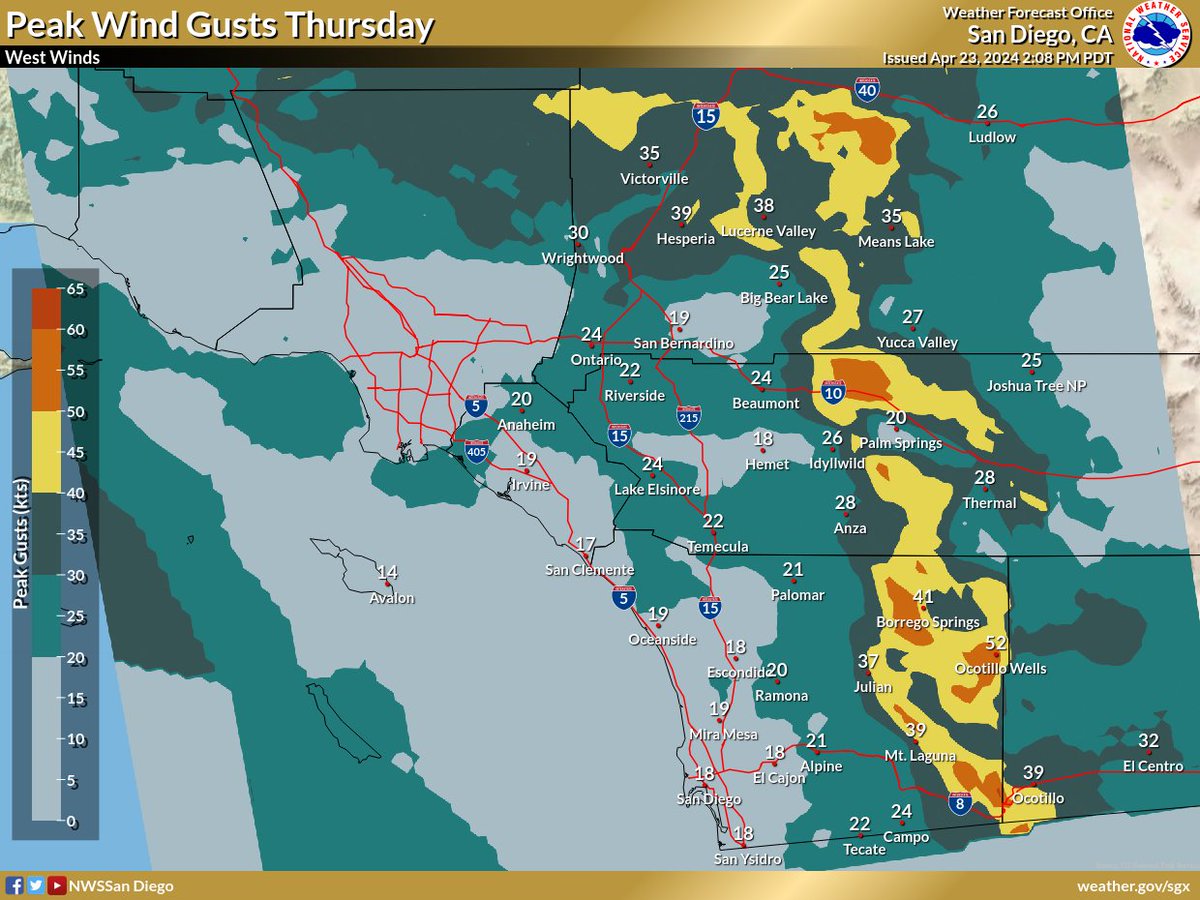 NWSSanDiego's tweet photo. Hold on to your hats 💨🎩 Gusty southwest to west winds will develop across the mountains and deserts for the latter half of the work week, strongest on Wednesday and Thursday. https://t.co/COb2QqbbzW