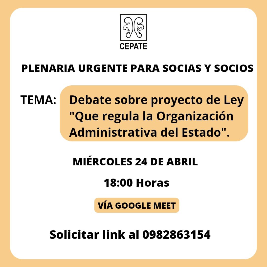El Centro Paraguayo de Teatro llama a sus asociados a un debate sobre el Proyecto de Ley "Que regula la Organización Administrativa del Estado."

Reunión vía Meet.
18:00 hs. 
Miércoles 24 de abril.

meet.google.com/gwk-jdnk-sfy