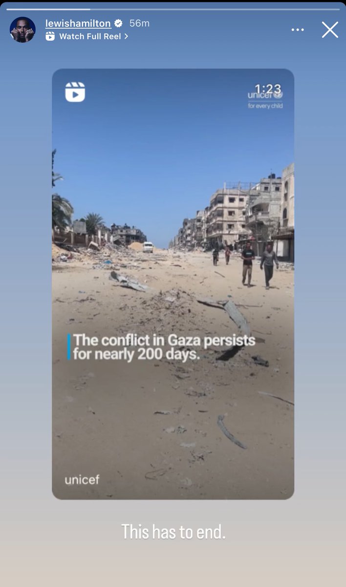‼️ Lewis Hamilton has shared a Reel from UNICEF that highlights the continuous massacre of Gaza and their people, writing: “This has to end.”