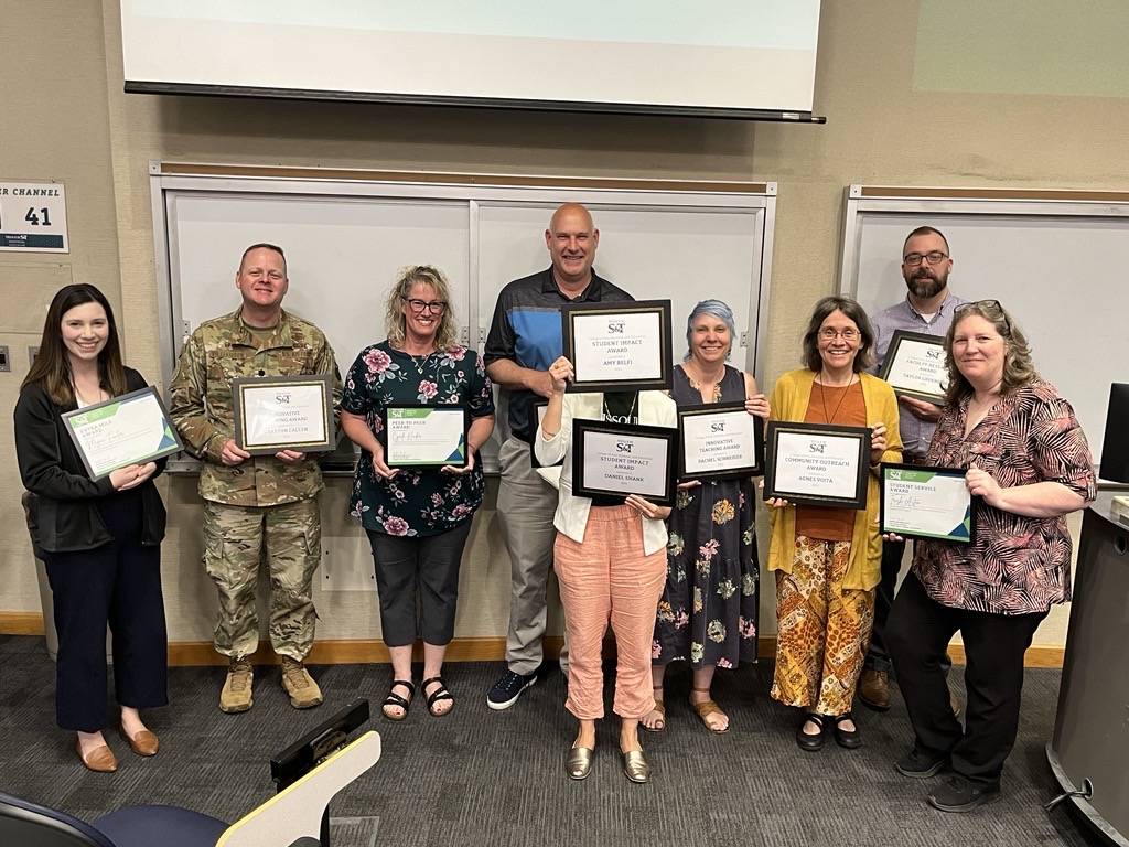 sandtcase's tweet photo. The CASE collegewide spring meeting concluded this afternoon with teaching and service awards for our fantastic faculty and staff! Not pictured winners include Dr. Daniel Shank, Dr. Amy Belfi, and Tech. Sgt. Drayton Callen. Congratulations and thank you for all the hard work! https://t.co/rKvzDJAHyz