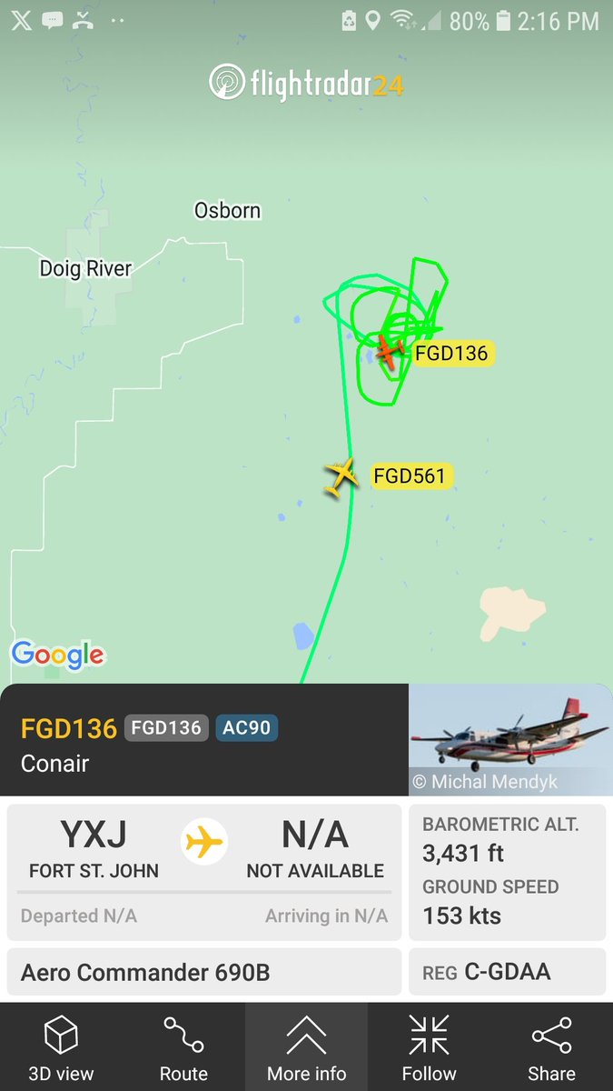 Kamscan's tweet photo. #conair #bcws RJ85 has gone north of #FortSaintJohn with a bid dog #bcfire https://t.co/9CzukPiieX