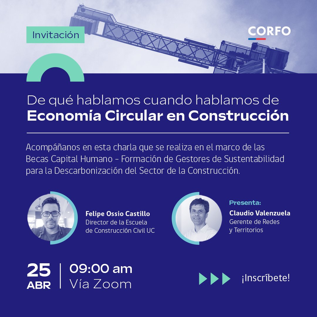 Si quieres conocer los desafíos que enfrenta el país en torno a la sustentabilidad en la construcción, te invitamos a esta charla que realizaremos junto a la @ucatolica en el marco de las Becas Capital Humano 🏗️🌱 Inscríbete 👉 puc.zoom.us/webinar/regist…