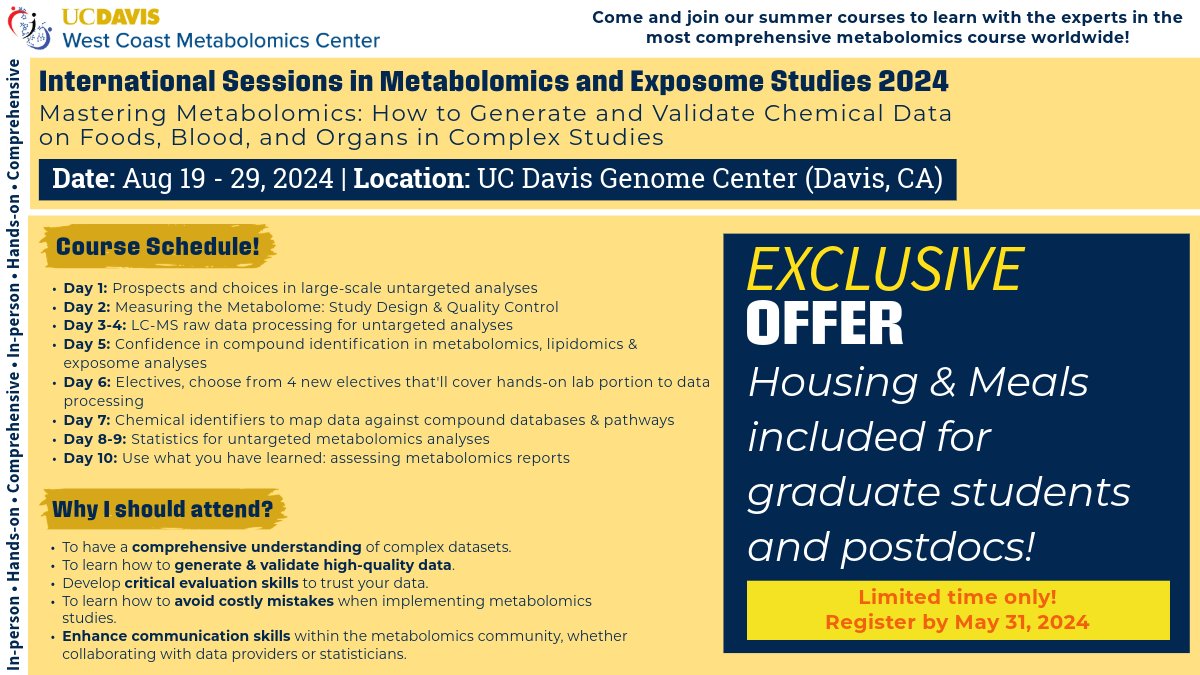 For the first time, we're offering an exclusive opportunity: Housing and meals included for graduate students & postdocs! Don't miss this chance, register by May 31, 2024, to grab this exclusive offer! metabolomics.ucdavis.edu/international-…
#Metabolomics #gradstudents #postdocs #education