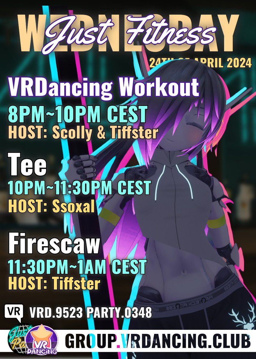 Just Fitness Wednesday! @VRD_Official 20:00 - 22:00 CET Just Party 22:00 - 01:00 CET DJ's - Tee @firescaw2 Discord - discord.gg/fTKAstQmVRchat Group - vrc.group/PARTY.0348