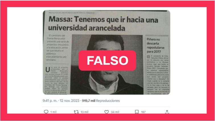 Chequeado's tweet image. Es falso el recorte en el que Sergio Massa propone arancelar la universidad pública.

👉 Circula en redes sociales esta imagen, pero se trata de una desinformación. chequeado.com/ultimas-notici…