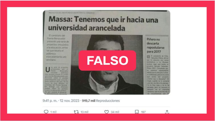 Es falso el recorte en el que Sergio Massa propone arancelar la universidad pública. 👉 Circula en redes sociales esta imagen, pero se trata de una desinformación. chequeado.com/ultimas-notici…