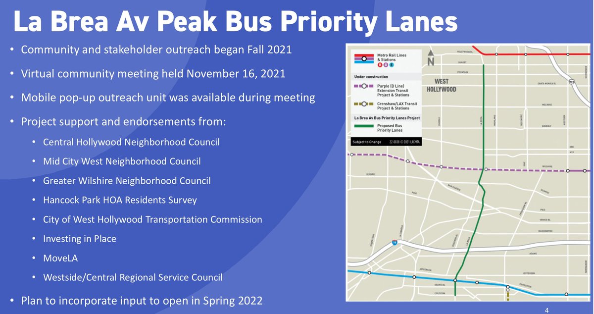 April 2024 LA Metro on southern section of La Brea bus lanes. Delayed for over 2 years, Metro is now looking to pay community-based organizations to assist with more community outreach on the project. view.sfmc.metro.net/?qs=73af263bd5…