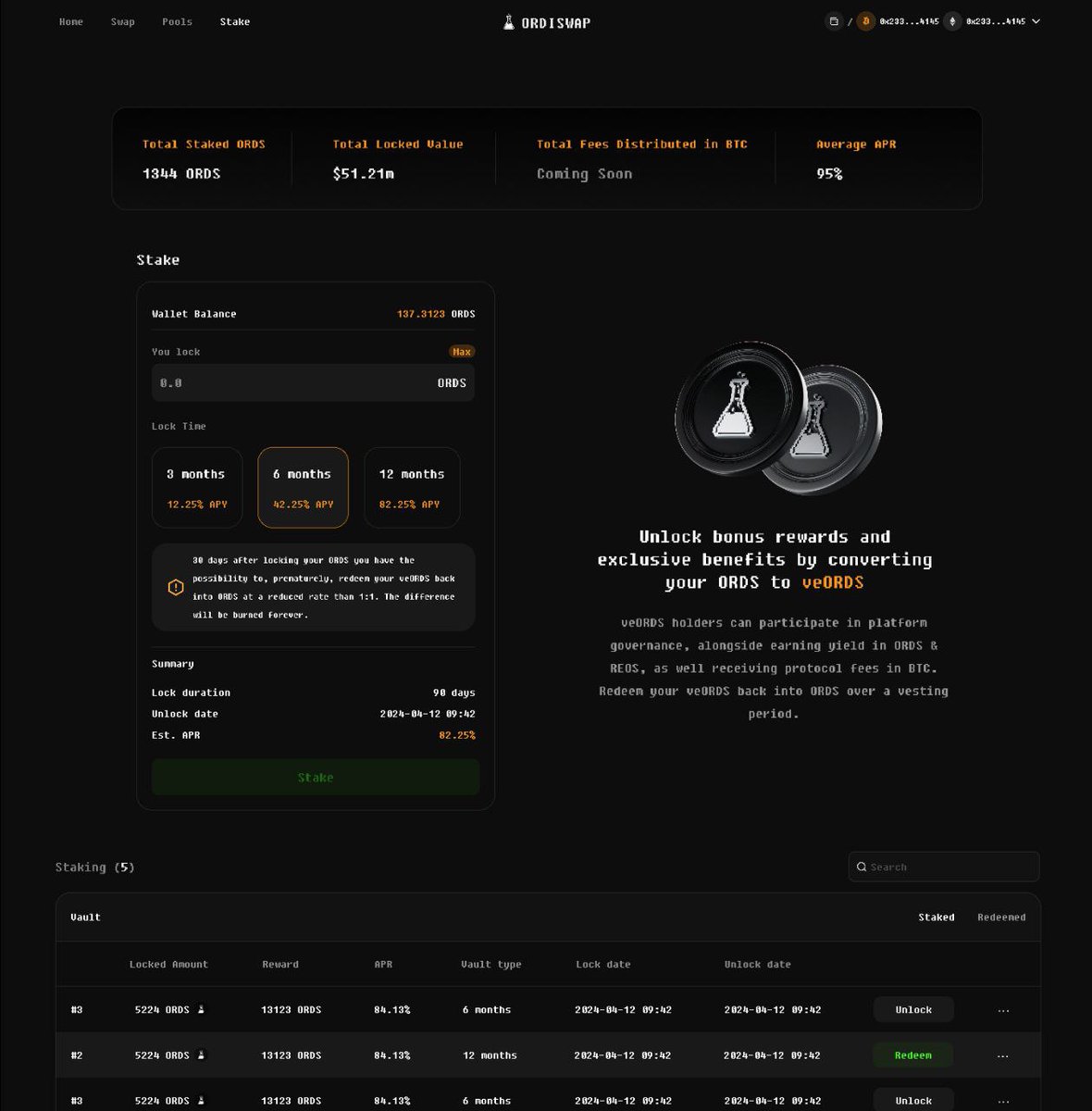 🧪 Sneak peek into Ordiswap's V3 $ORDS staking module The team is hard at work testing and refining V3 — a significantly upgraded design when compared to previous builds in terms of functionality, infrastructure and backend. While we finalize the staking module (currently in…