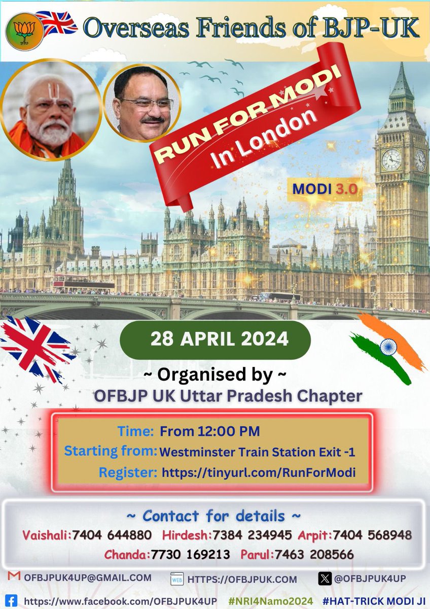 OFBJPUKTN's tweet photo. @OFBJPUK4UP chapter organises ‘Run for Modi’ Camapign in London on Sunday, 28th April 2024. Register @ https://t.co/t8AX7JaCgj

#RunForModi #AbkiBaar400Paar #PhirEkBaarModiSarkar #ModiAgainIn2024 #NRI4NAMO 

@narendramodi @JPNadda @BJP4India @DrSJaishankar @overseas_bjp @vijai63 https://t.co/uAQHgS6XPn