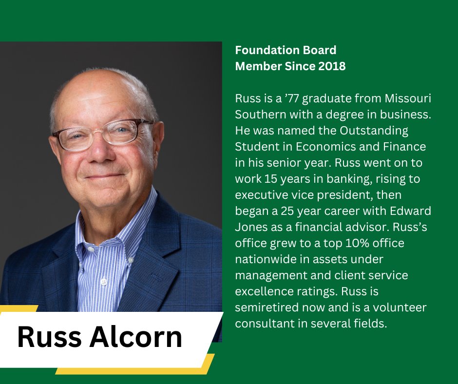 Thank you Russ for being a Missouri Southern Foundation Board member since 2018 and for serving on both the Philanthropy and the Investment &amp; Finance committees.