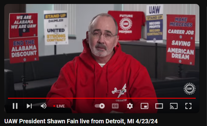 NoraEckert's tweet photo. UAW President @ShawnFainUAW, with a smirk, shouts out "my friend" @jimcramer for saying that workers are winning. Fain agrees. (Cramer previous called Fain "frightening," and compared him to Russian revolutionary Leon Trotsky.) https://t.co/vsETRM6Pwv