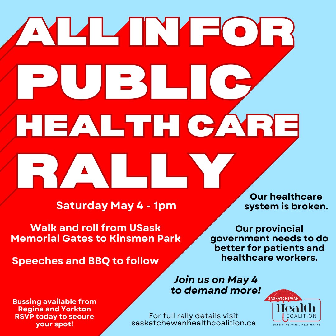 We are officially 11 days away from the All in for Public Health Care Rally on May 4! Full event details are now live on our website, including the RSVP form if you are looking to catch a ride on our bus from Regina or Yorkton. shorturl.at/euyCF #skpoli #yxe
