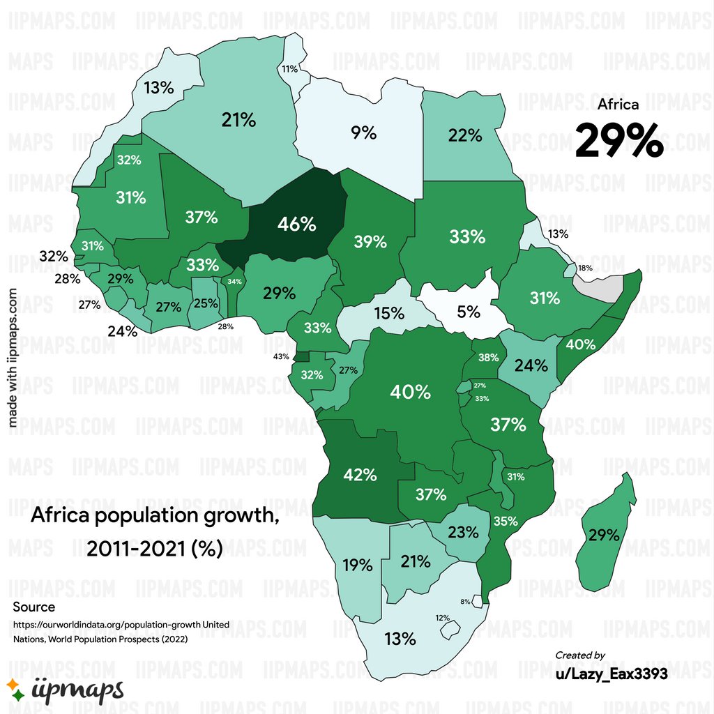Africa population growth, 2011-2021 (%) Source: ift.tt/7trXq0p #maps