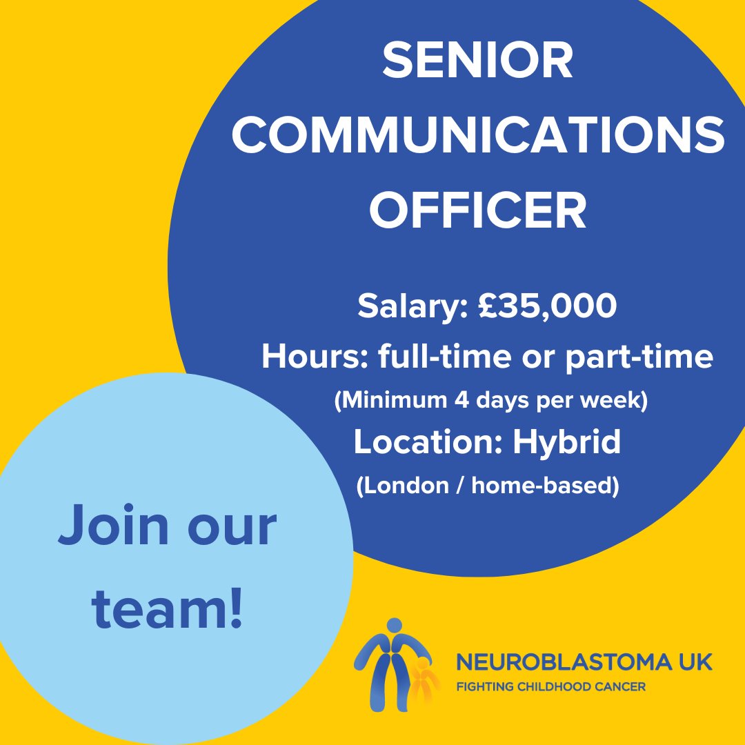 NeuroblastomaUK's tweet photo. We are hiring a Senior Communications Officer. Join our team and make a real impact in the fight against childhood cancer. Find out more and apply online today: https://t.co/BIBZGjsbkb
@CharityJob  #communicationsjobs #charityjobs #neuroblastoma #communicationsofficer https://t.co/BcQ2bGTjUs