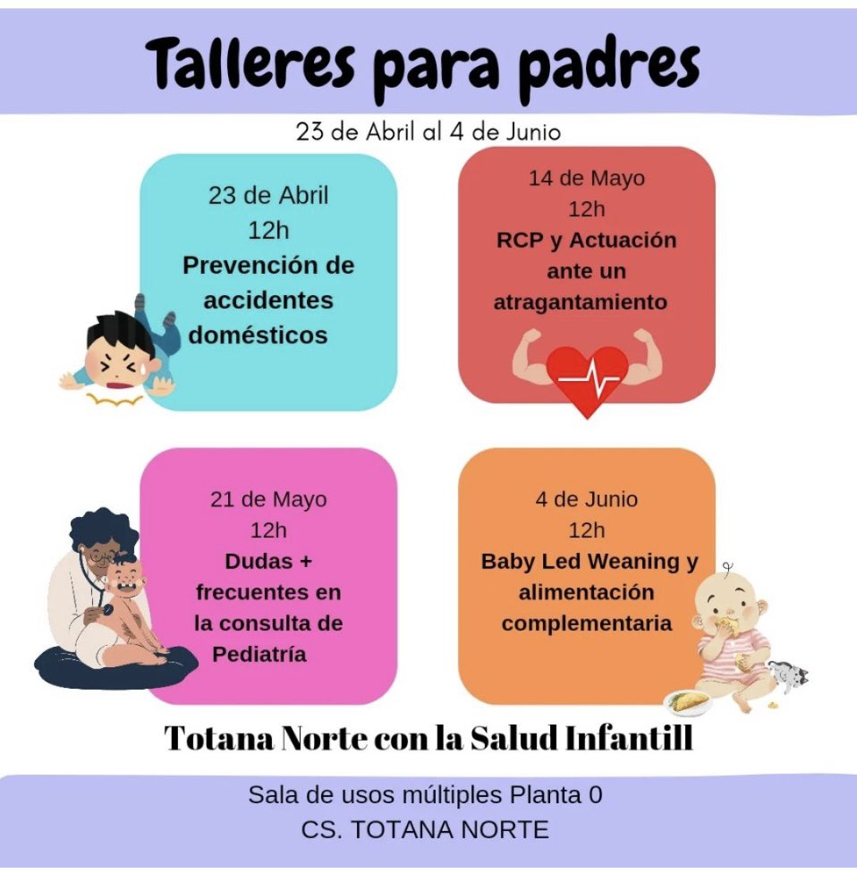 En <a href="/CS_TotanaNorte/">CS Totana Norte</a> comenzamos con los talleres para padres, varias sesiones para mejorar la salud de nuestros pequeños, y con el objetivo de enseñar técnicas y resolver dudas con la ayuda de profesionales del centro de salud. <a href="/Area3Lorca/">Area 3 Salud Lorca</a>