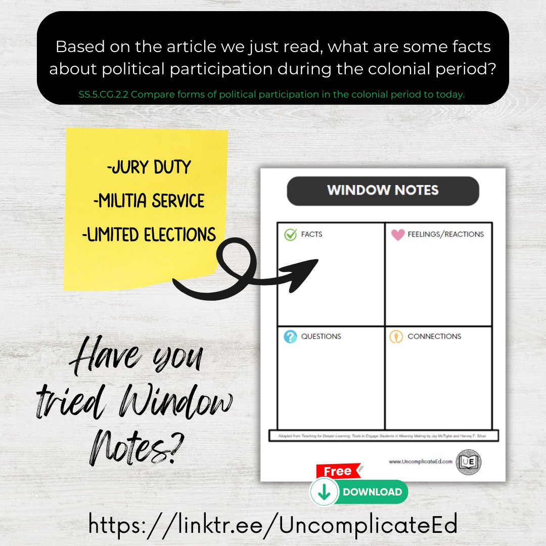 Uncomplicate_Ed's tweet photo. ✏️ #TeacherTipTuesday: Spice up note-taking with WINDOW NOTES! 🪟📝 Engage students with this fun twist on studying—write key points on sticky notes &amp; arrange them on a window/graphic organizer! FREE template here: https://t.co/NjJHwmx4Sh #Education #FLTeachers #socialstudies 🎓 https://t.co/VDpe69SMvZ