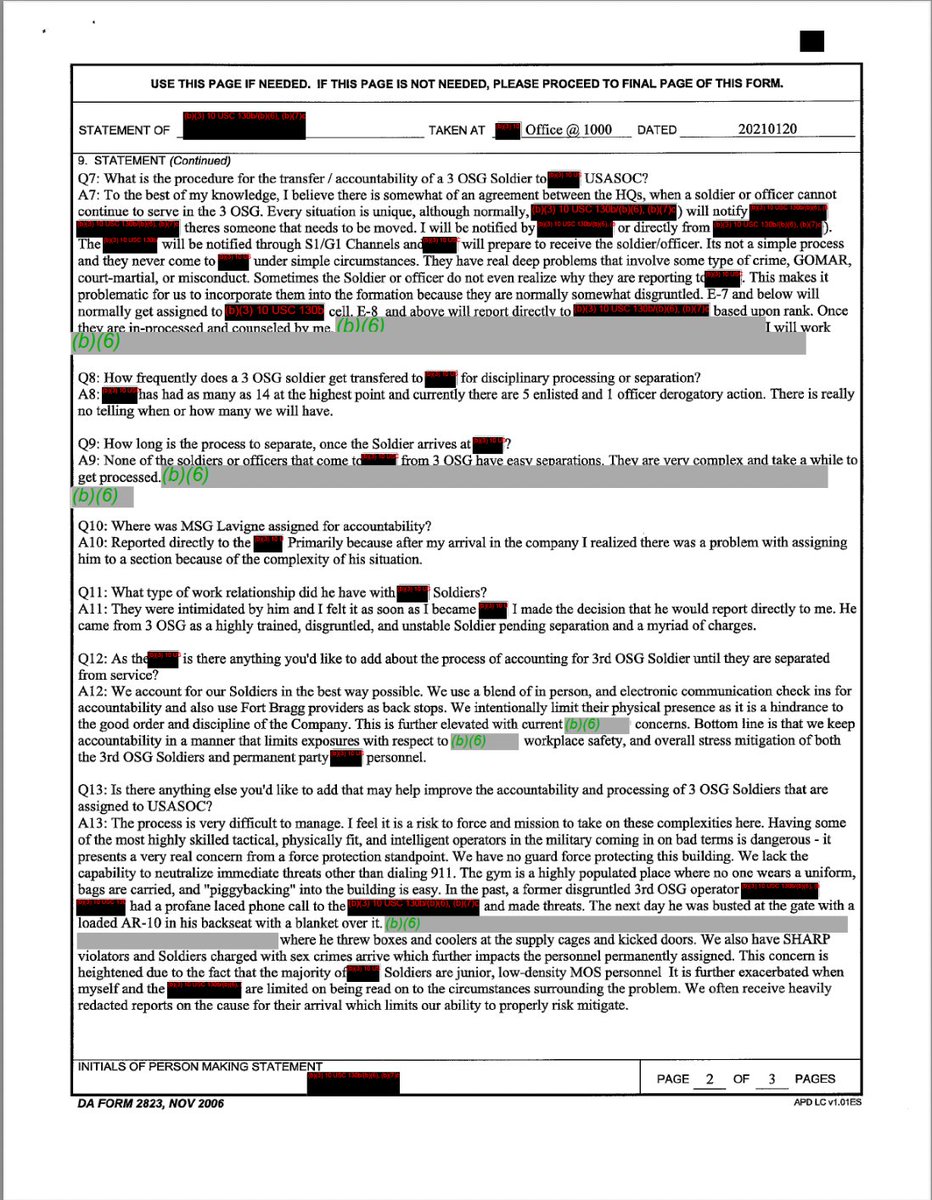 Delta Force dumps its most brain-damaged, unstable screwups onto USASOC HQ for babysitting until they can be discharged from the military. In this sworn statement, the commander of that unit says he’s afraid one of them is going to do a mass shooting.