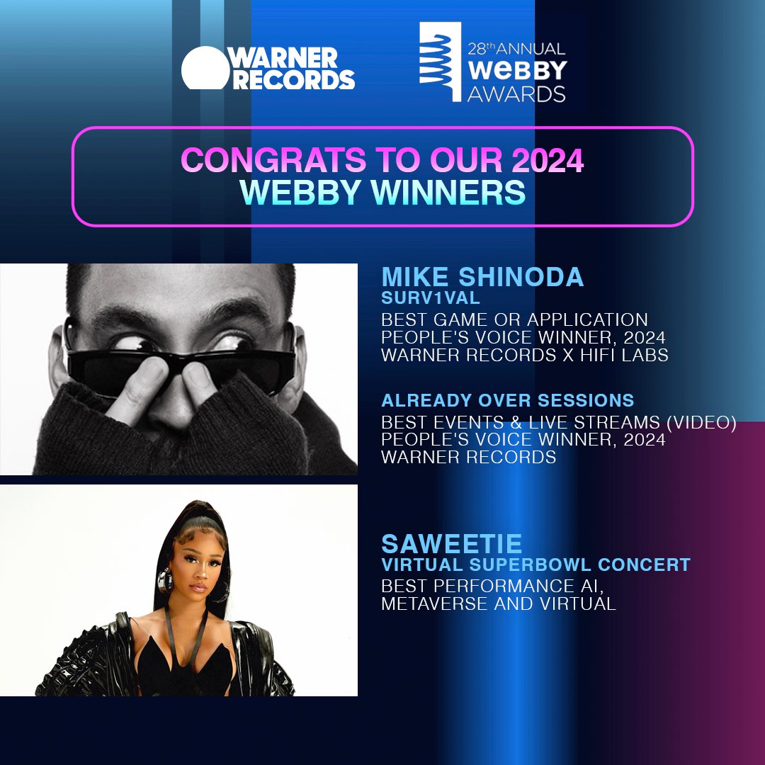 Congratulations to our winners for this year's Webby Awards! 🏆 @mikeshinoda @Saweetie