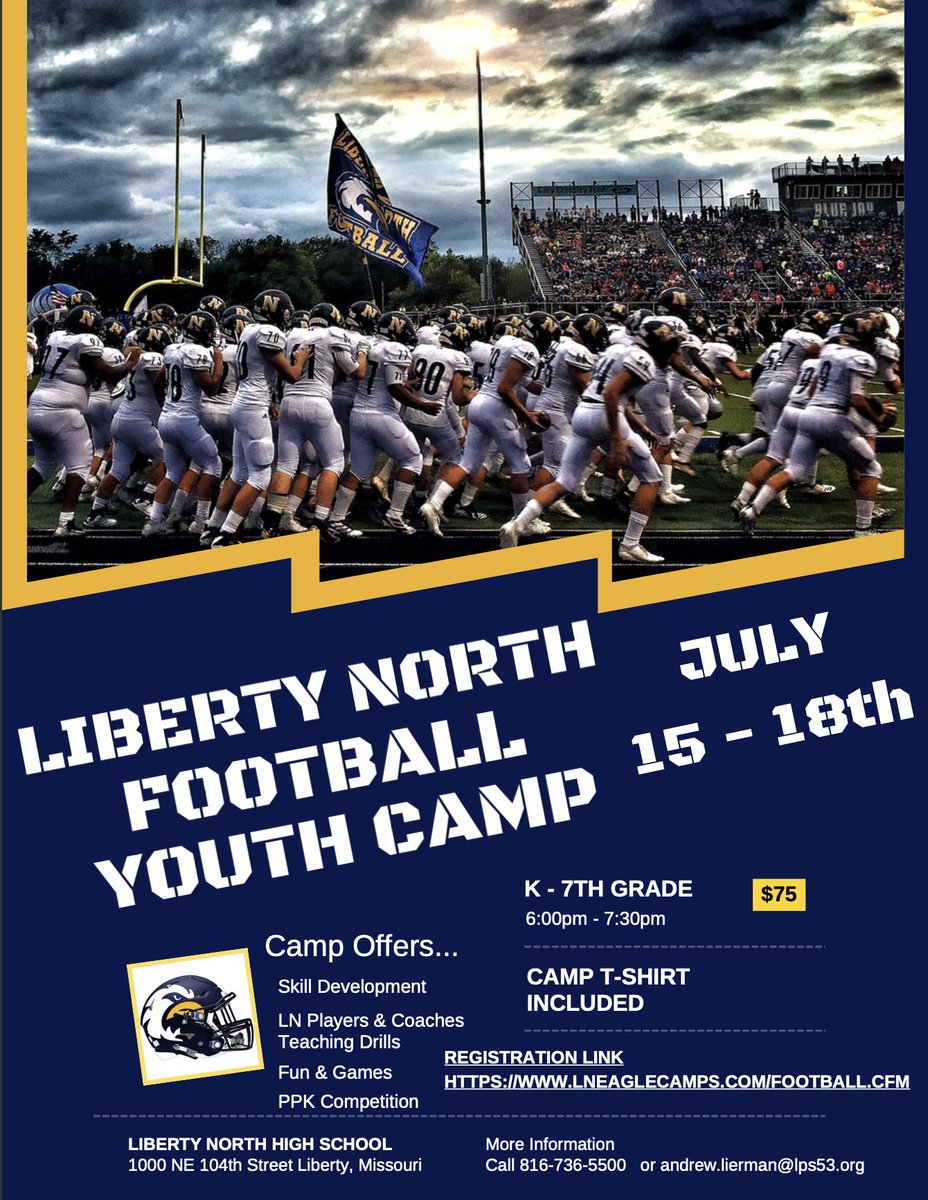LIBERTY NORTH YOUTH CAMP IS BACK! Registration is now open for one of the best camps around!  Come and get coached by our State Championship Staff and Players!  We love hosting this camp each year!  Come and join us! Sign up link here: lneaglecamps.com/football.cfm
War 🦅