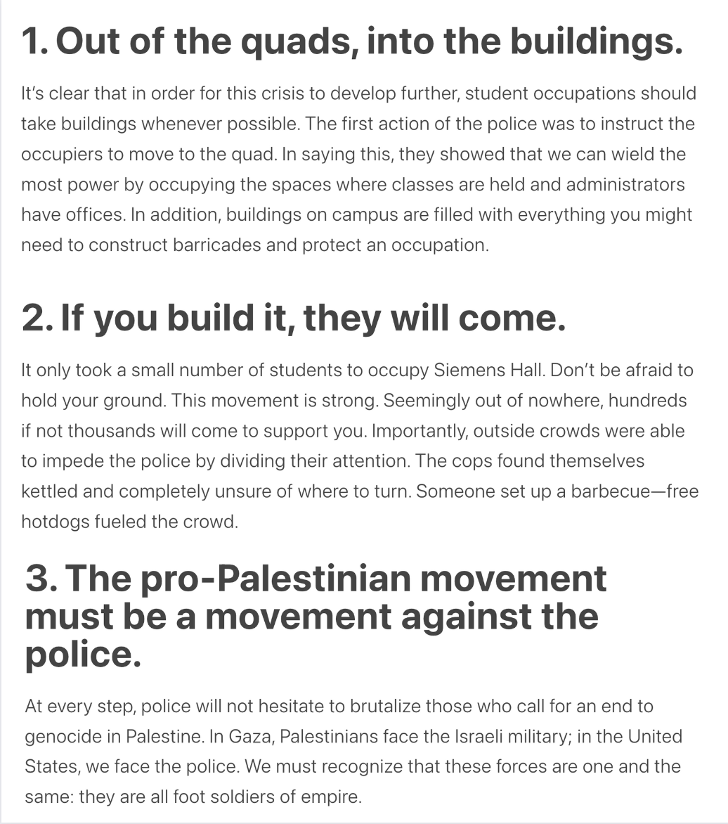 Read this communiqué from inside the Cal Poly Humboldt Building Occupation:

🔻 'Out of the quads, into the buildings.'

🔻 'The pro-Palestinian movement must be a movement against the police.'

crimethinc.com/2024/04/23/rep…