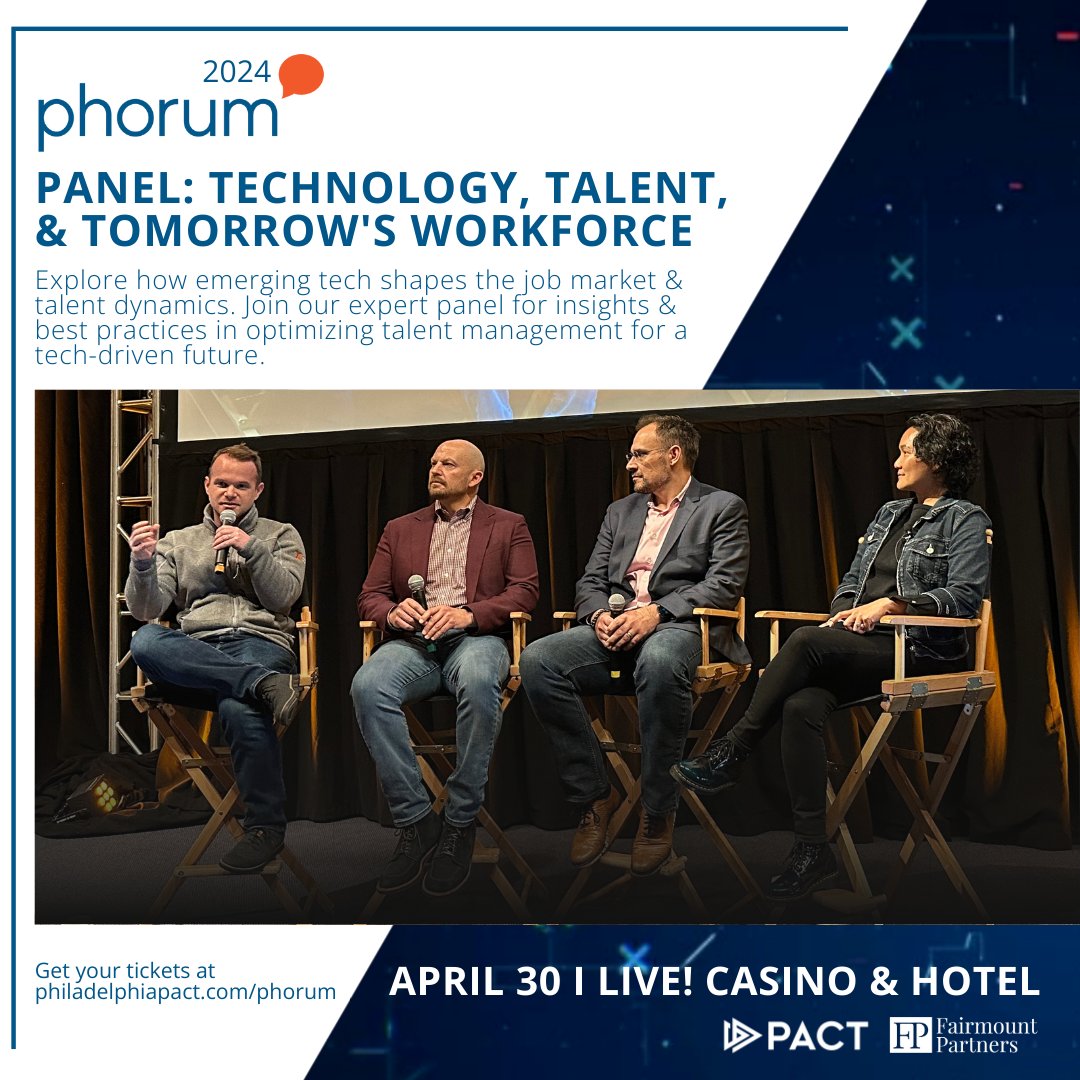 Join us on 4/30 at @LiveCasinoPHL for a panel on 'Tech, Talent, and Tomorrow's Workforce' at Phorum 2024. 💼 Explore emerging tech's impact on the job market and optimize talent management. Ready to shape the future? 🔗bit.ly/3wtOmq0