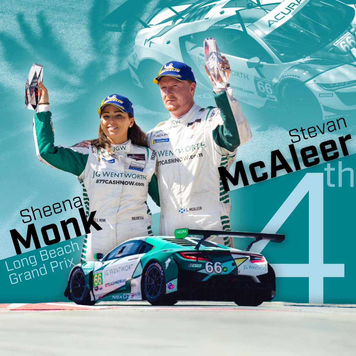 Sheena Monk  and her teammate Stevan McAleer started in P17 and worked their way up the grid to P4, winning the Bob Akin Bronze Cup Award. Congrats to you both! #womeninmotorsportsna | #JGWentworth | #longbeachgrandprix | #IMSA