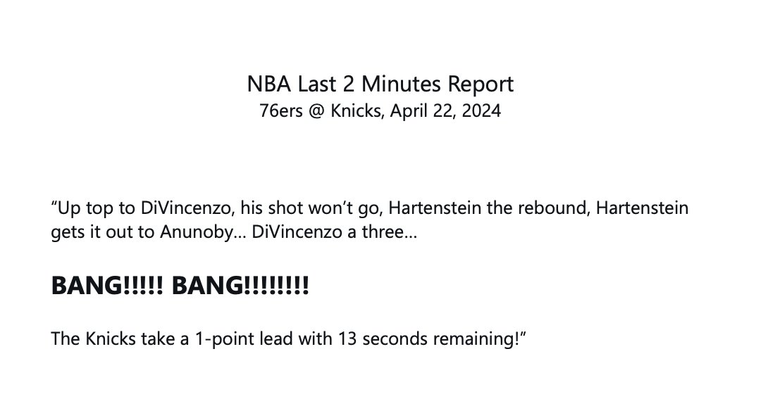 KnicksMemes's tweet photo. HOLY COW, this quote from the NBA's Last 2 Minutes report from the Knicks-Sixers game is EXPLOSIVE
Philly fans are right to be furious. Shame on the league #L2M https://t.co/KAfpoNjXDn