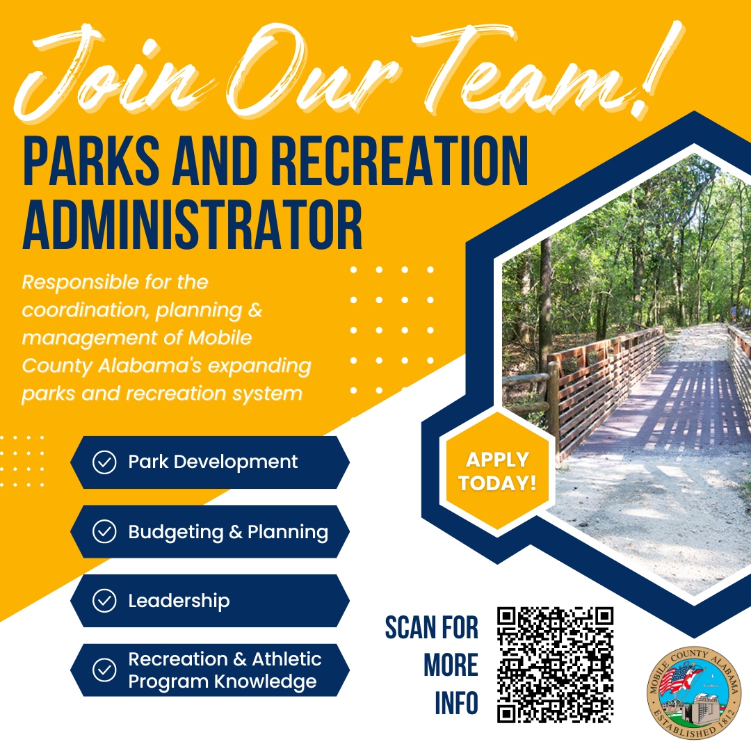 NOW HIRING an experienced Parks & Recreation Administrator for Mobile County, Alabama's expanding parks and recreation system. 🌳⚾🛶 

Learn more about our parks at mobilecountyal.gov/parks/! 

Apply today ✍️ at governmentjobs.com/careers/mobile… 

#parksandrecreation #parksadministrator ...