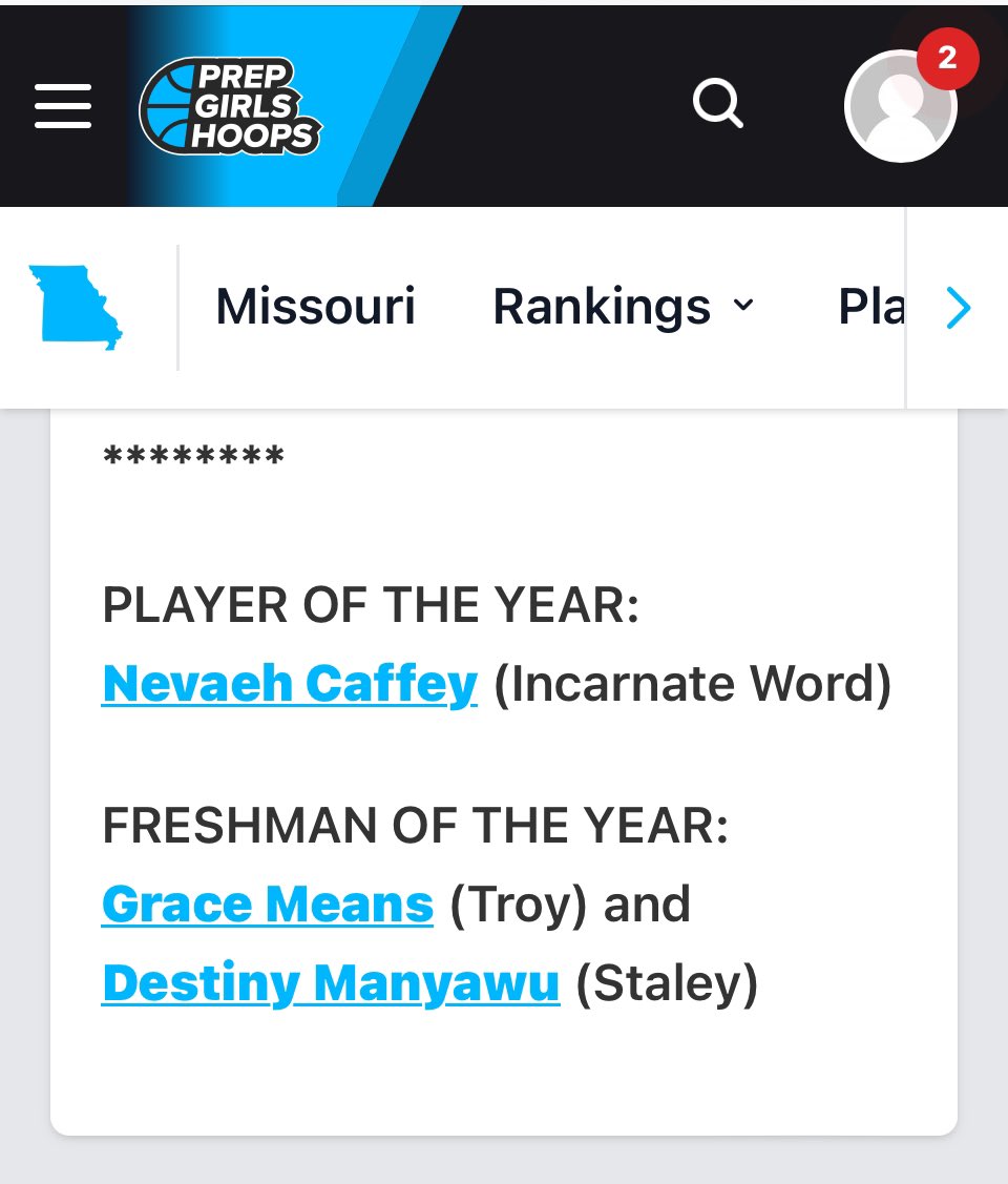 Ty for the recognition as 1 of 2 freshman of the year in 6A Missouri.  

Honored to be recognized and included among these great student athletes.