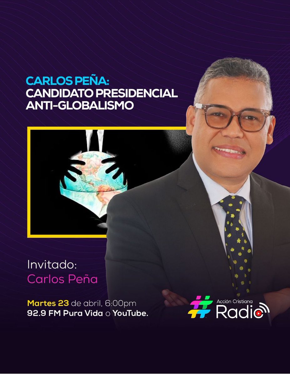 En breve estará nuestro candidato presidencial @CarlosPenard en #puravida  92.9 FM a las 6 pm.
Carlos Peña Presidente 
Nikauly de la Mota Vicepresidente 
#Vota28
#VotaConFe
#VotaGenS