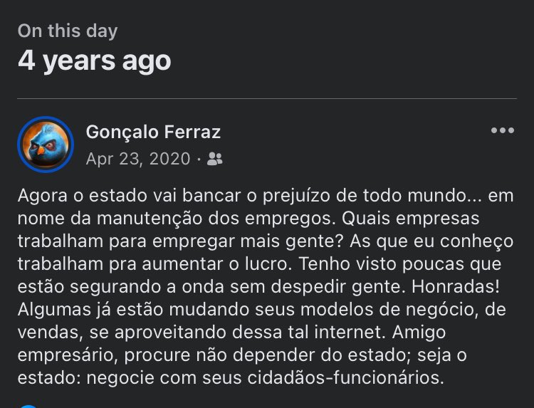 goncaloferrazbr's tweet image. #C19 #April2020 

Agora o estado vai bancar o prejuízo de todo mundo... em nome da manutenção dos empregos. Quais empresas trabalham para empregar mais gente? As que eu conheço trabalham pra aumentar o lucro. Tenho visto poucas que estão segurando a onda sem despedir gente.