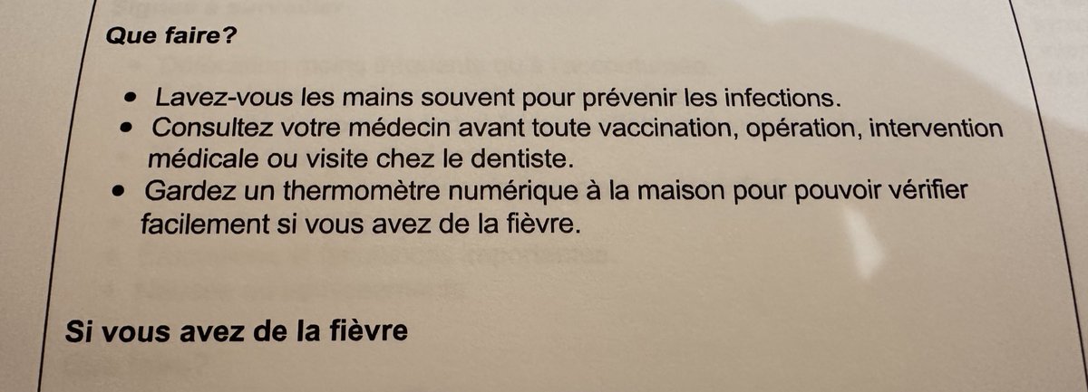 Dans la documentation du traitement d’immunothérapie de ma mère: Pour prévenir les infections, lavez-vous souvent les mains (mais pas un mot sur le masque ou la qualité de l’air) 🤦‍♀️