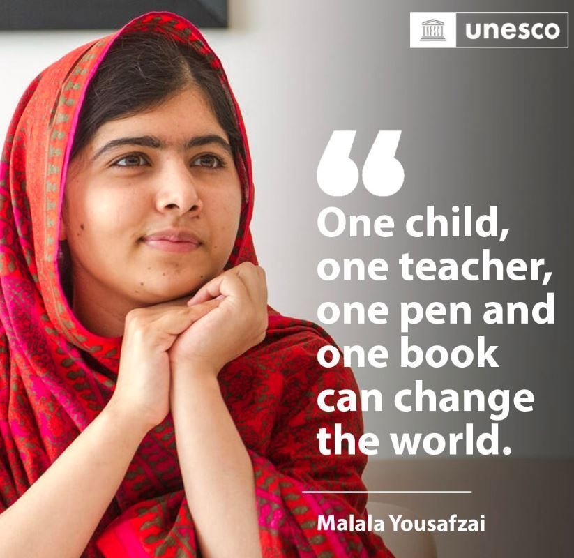 "One child👧, one teacher👩‍🏫, one book 📕, one pen🖊️ can change the world."

Powerful words we need from <a href="/Malala/">Malala Yousafzai</a> on #WorldBookDay.

Malala Yousafzai reminds us that education plays a pivotal role in accelerating progress across all 17 #SDGs.