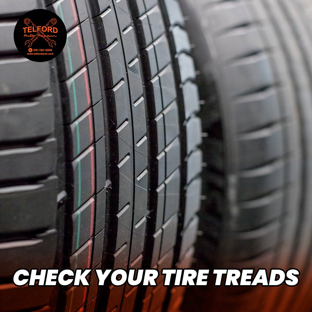 TelfordAuto's tweet photo. Before driving in wet weather, make sure to check your tire treads—it's important for staying safe! Swing by Telford Auto Repair &amp; Tire, and our team will take a look at your tires to make sure they're good to go or fix them up if needed. Stay safe out there! https://t.co/0Akvcp59V3