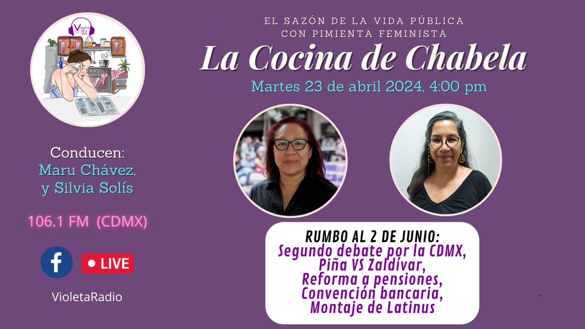 En unos minutos más acompaña a Silvia Solís y Maru Chávez en La Cocina de Chabela de los Martes. Aquí en FB Live 106.1 FM violetaradio.org