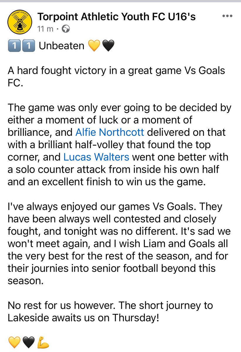 TorpointYouth16's tweet photo. 1 of 5 games in 10 days done. A well earned 2-0 against a very solid defensive unit 💛🖤⚽️

11 game unbeaten streak continues https://t.co/2jHm5r6WFf