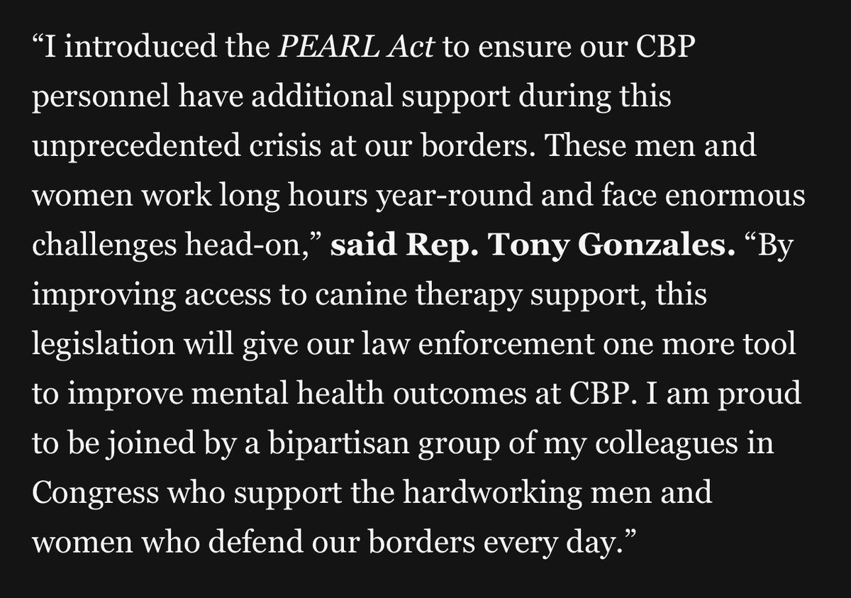 NEW: “These men and women work long hours year-round and face enormous challenges head-on…” @RepTonyGonzales just introduced legislation that would provide canine therapy support to CBP personnel—The PEARL Act would establish a pilot program through DHS to adopt dogs from local…