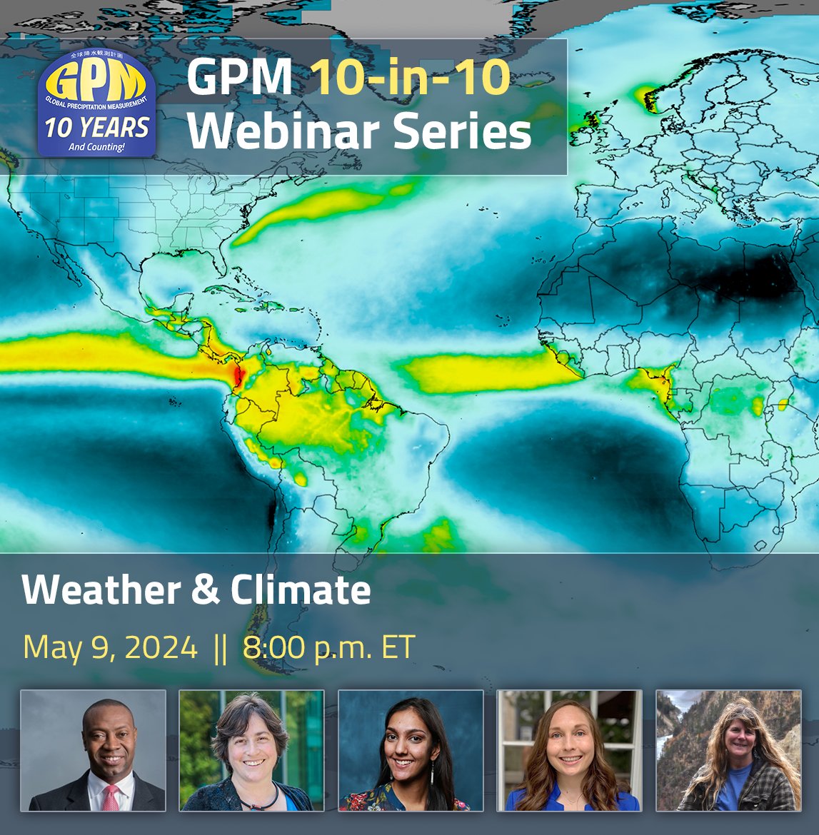 Join us on Thurs. May 9, 8pm ET, for a free webinar exploring Earth's weather and climate and how satellites like GPM help us monitor precipitation trends over time. Guest speakers include @DrShepherd2013 and @KashaPatel

Register here: go.nasa.gov/3U8VDE1