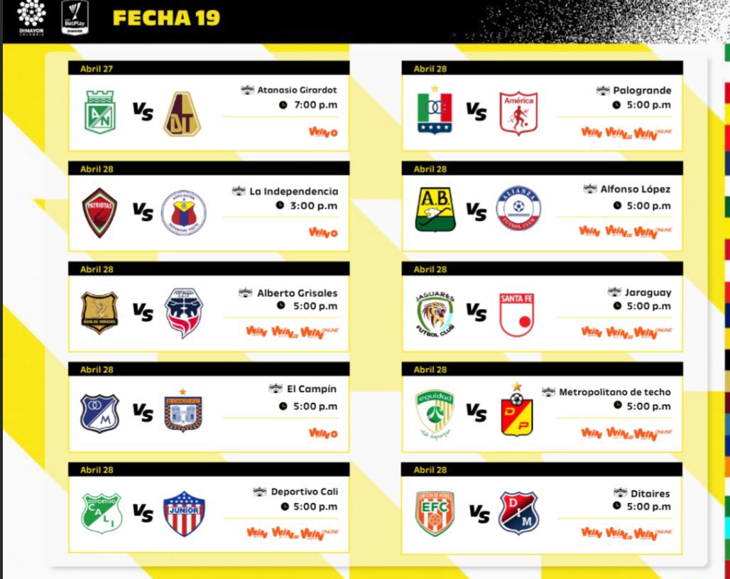 Programación de la #Fecha19 de la #LigaBetPlayDIMAYOR