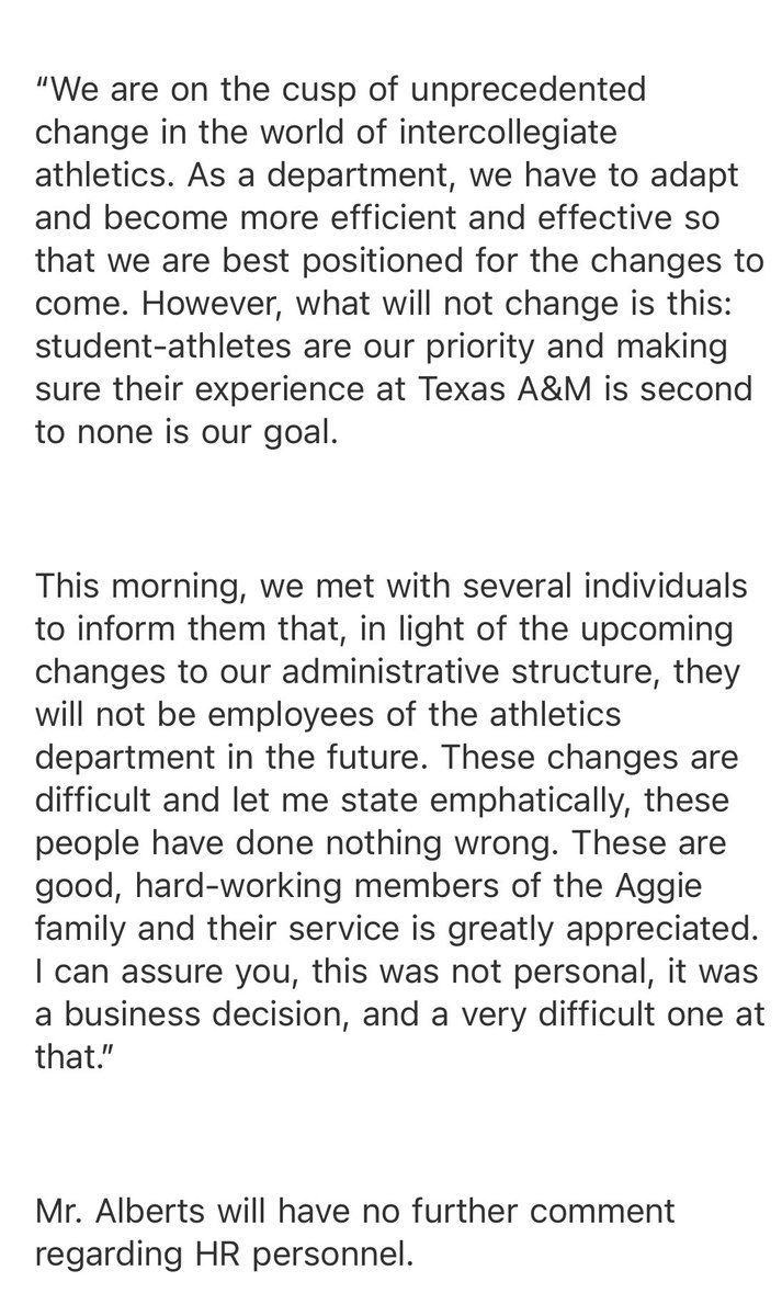 Significant, wide-ranging administrative changes today at Texas A&M. A statement from new AD Trev Alberts