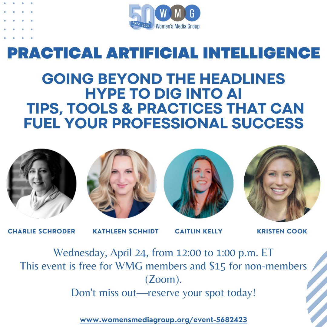 Join us TOMORROW, April 24, from 12 to 1 p.m. ET for a discussion on AI's ongoing impact on content creation, publishing, & marketing. Discover how media leaders incorporate AI into their practices & build businesses that empower others. Register now! womensmediagroup.org/event-5682423