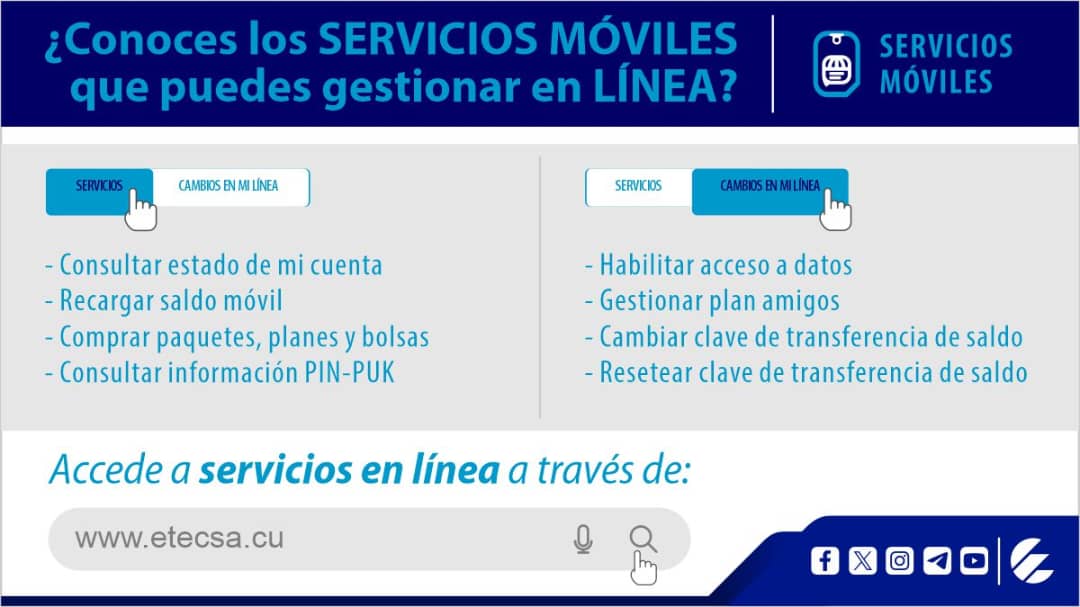 Con #ServiciosEnLínea puedes adquirir paquetes, planes y bolsas sin necesidad de recargar 📲 previamente el saldo de tu móvil. Encuentra 🔎 esta opción en la pestaña servicios móviles.