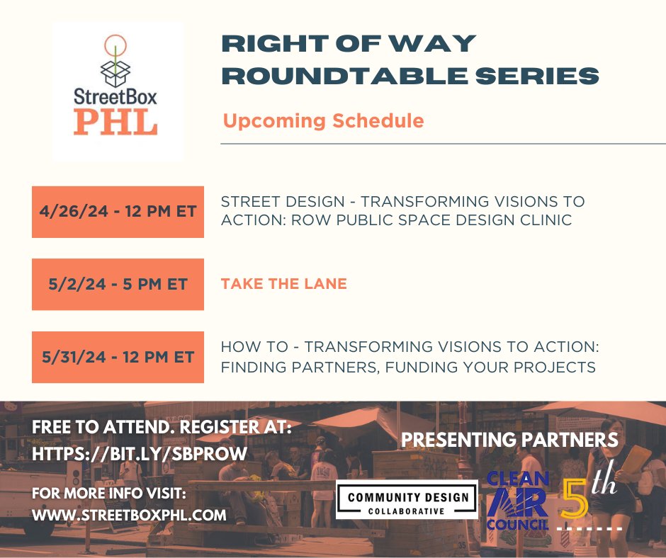 StreetboxPHL's tweet photo. Please join us for our next ROW Roundtable, where we will walk through some exciting potential projects in West Mount Airy and East Kensington in an open dialogue with City officials. Register here: https://t.co/utcmwxjnDm #ROWRoundtable #streetboxphl https://t.co/O821Nm0VXd