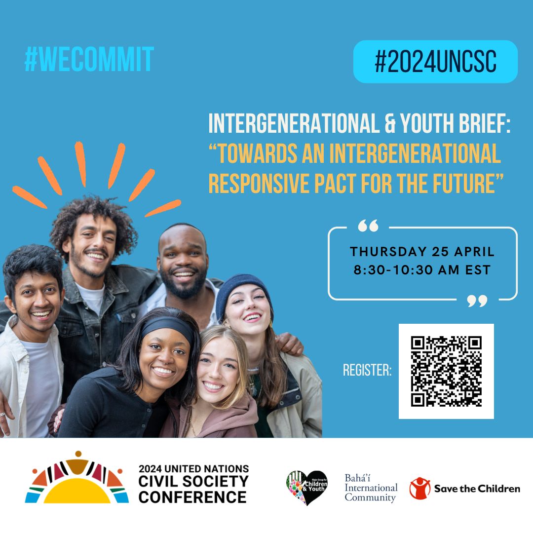 UN Youth Office (@unyouthaffairs) on Twitter photo Don’t miss the 2nd Intergenerational & Youth Briefing on the 2024 <a href="/UN/">United Nations</a> Civil Society Conference (#2024UNCSC) on 25 April 🙌
Register to participate at the 📍 Baha’i International Community (BIC) Office in NYC, or join online 📺 bic-org.zoom.us/meeting/regist… Don’t miss the 2nd Intergenerational & Youth Briefing on the 2024 <a href="/UN/">United Nations</a> Civil Society Conference (#2024UNCSC) on 25 April 🙌
Register to participate at the 📍 Baha’i International Community (BIC) Office in NYC, or join online 📺 bic-org.zoom.us/meeting/regist…